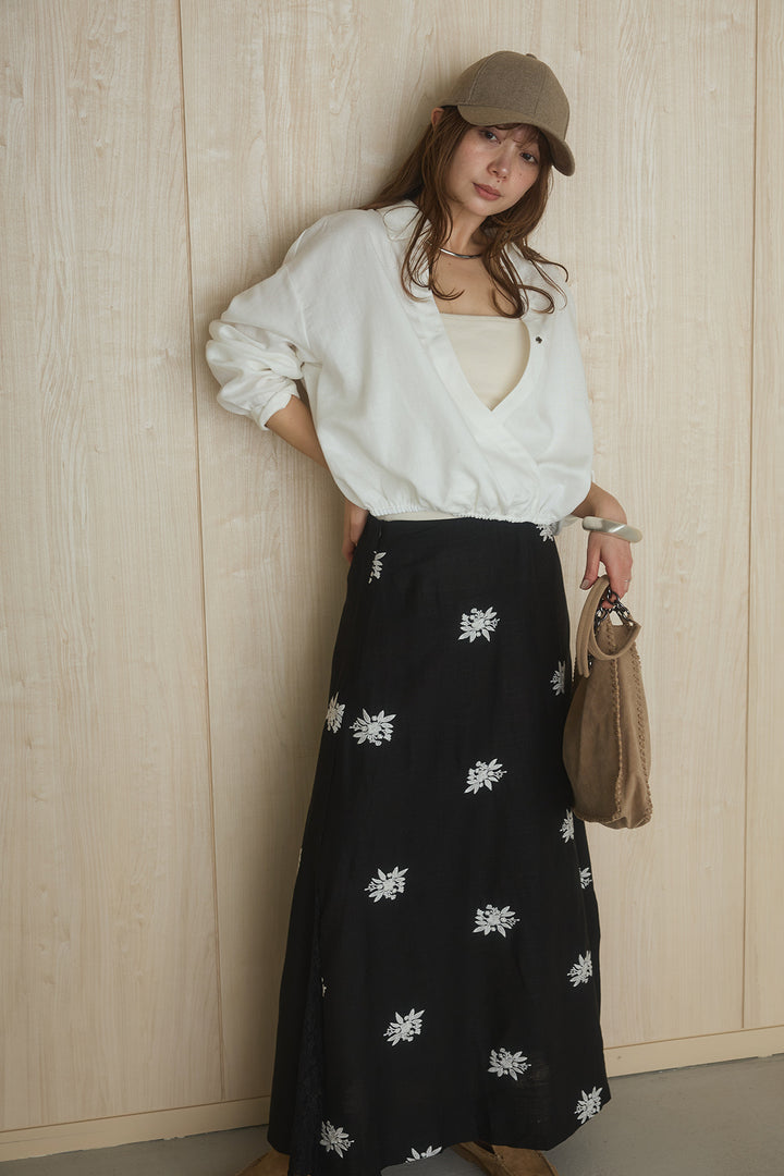 [SET]麻混襟付きトップス+レースコンビフラワー刺繍柄スカート(2set)