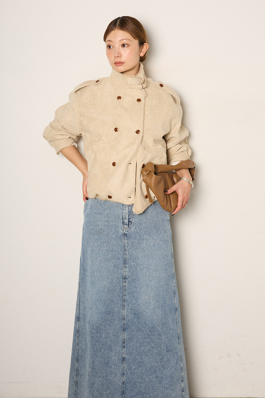 [SET]スタンド襟スウェードライクアウター+デニムロングフレアスカート(2set)