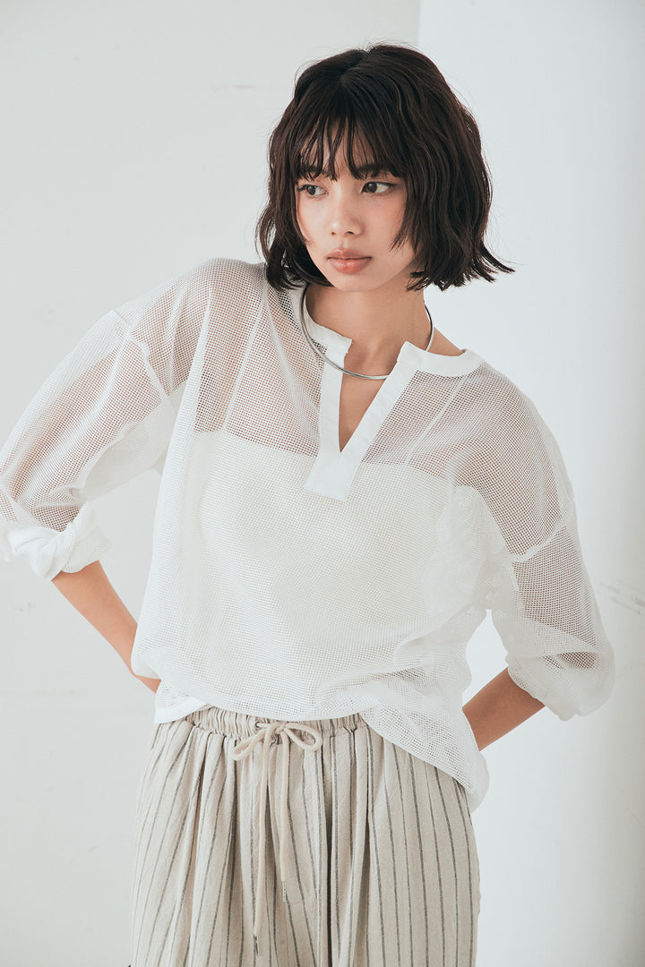 [SET]メッシュカットソースキッパープルオーバー+リネンライクストライプタックイージーパンツ(2set)