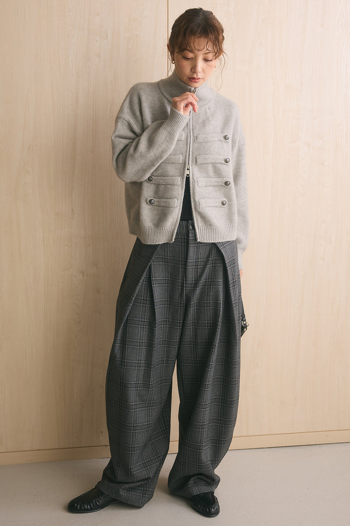 [SET]ナポレオンボタンハイネックニットブルゾン+ブリティッシュチェックバレルパンツ(2set)