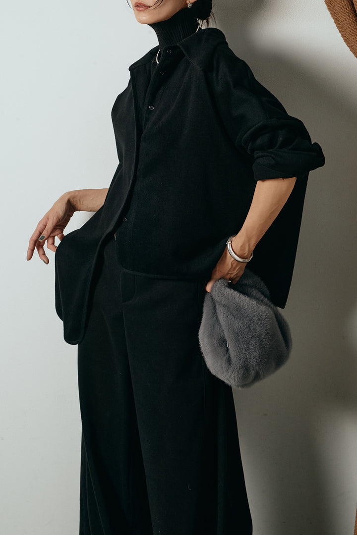 [SET]裾アシンメトリーデザインシャツ+編みベルト付きワイドパンツ+リブニットシームレスタートルプルオーバー(3set)