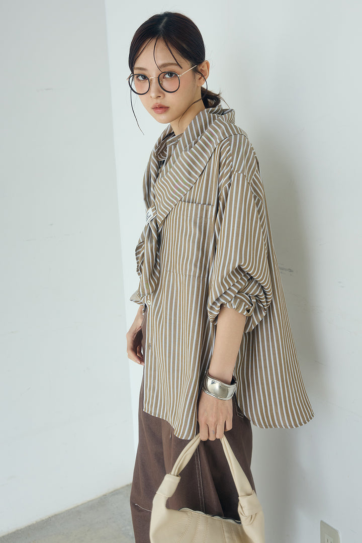 [SET]レーヨンストライプスカーフ+レーヨンストライプバンドカラー長袖シャツ(2set)