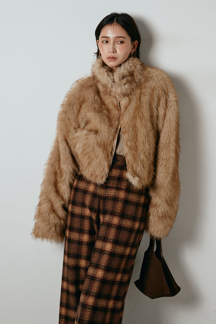 [SET]エコファーショート丈ブルゾン+ルーズタータンチェックワイドパンツ(2set)