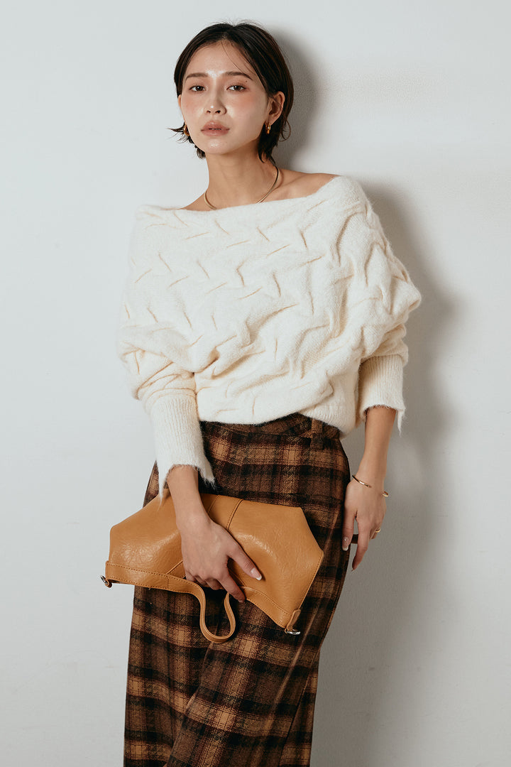 [SET]ボートネックニットトップス+ルーズタータンチェックワイドパンツ(2set)