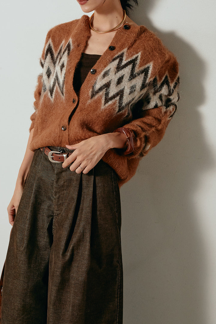 [SET]起毛ノルディック柄ニットカーディガン+フロントタック入りコーデュロイパンツ(2set)