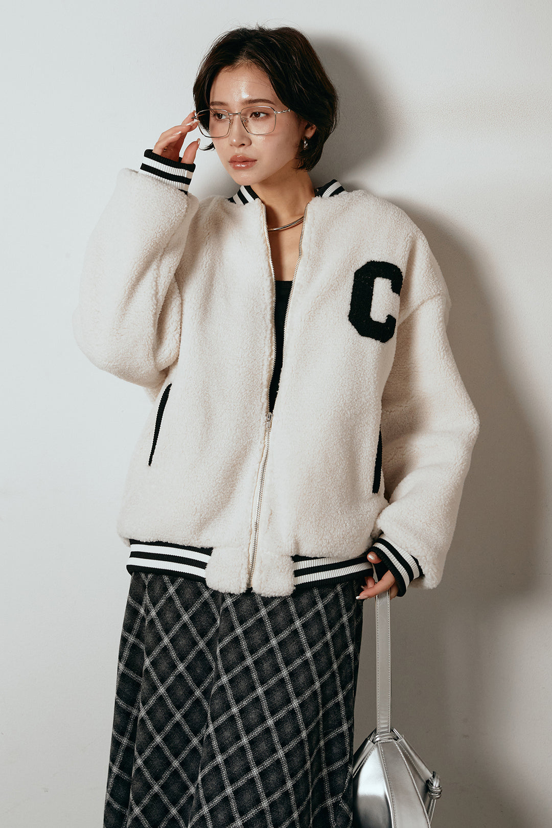 [SET]ロゴスタジャンボアブルゾン+フロッキー起毛チェックスカート(2set)