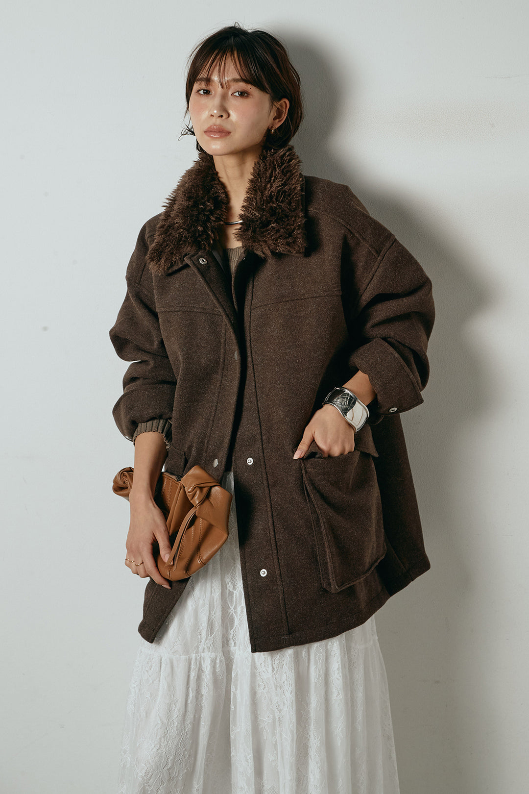 [SET]エコウール衿ファー薄中綿入りミドルカバーオール+ひげレース切替ロング丈スカート(2set)