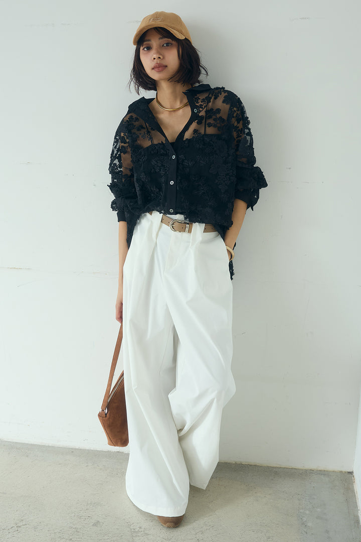 [SET]立体フラワー刺繍レースシャツ+ベルトループデザインハイウエストタックパンツ(2set)