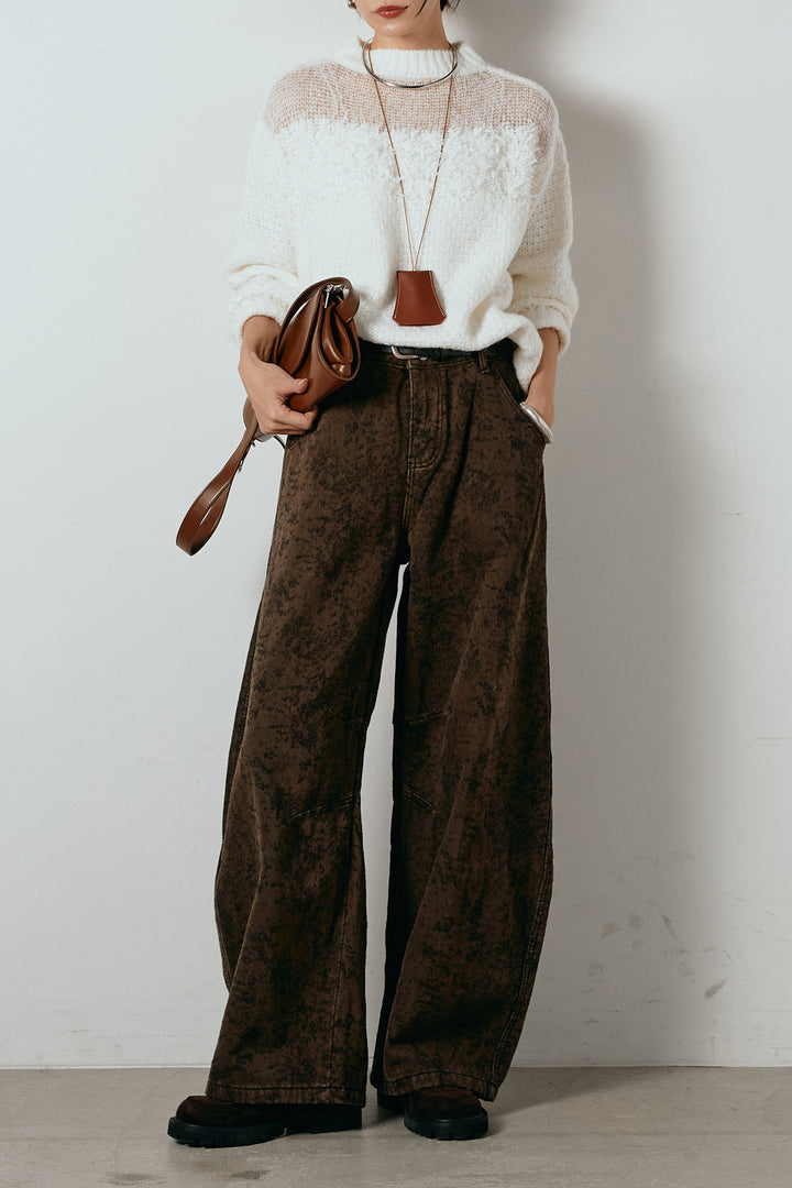 [SET]パターンランダム編みニットトップス+ベルト付きニュアンス柄カーブワイドパンツ(2set)