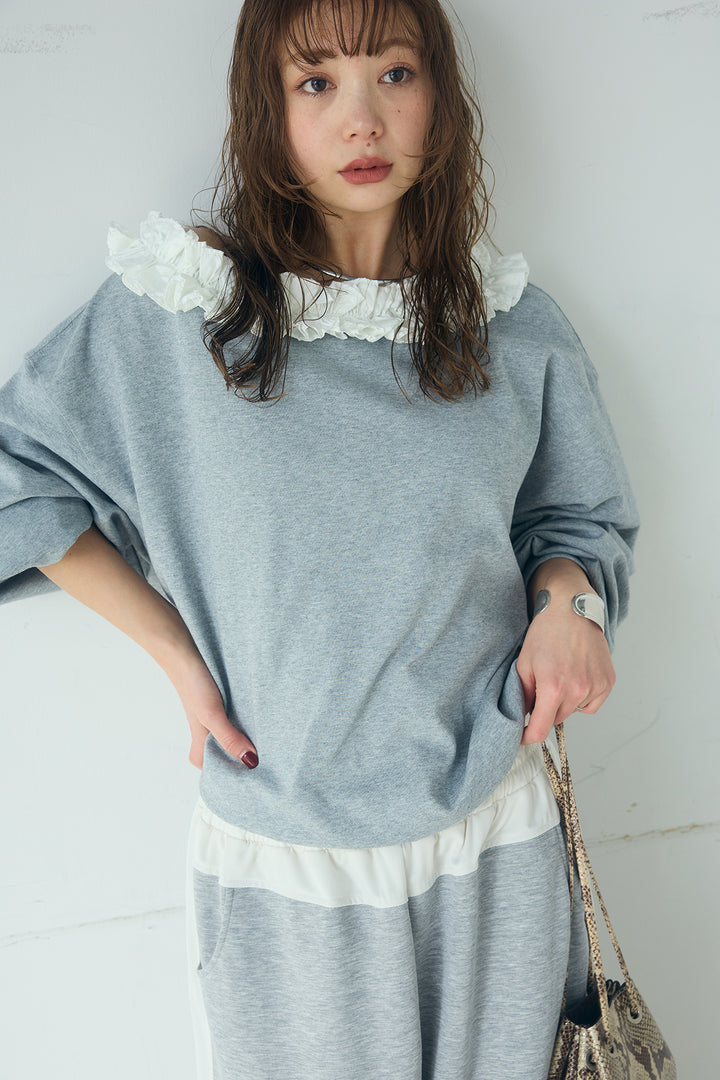 [SET]ネックギャザーフリルスウェット+異素材切り替えスウェットパンツ(2set)