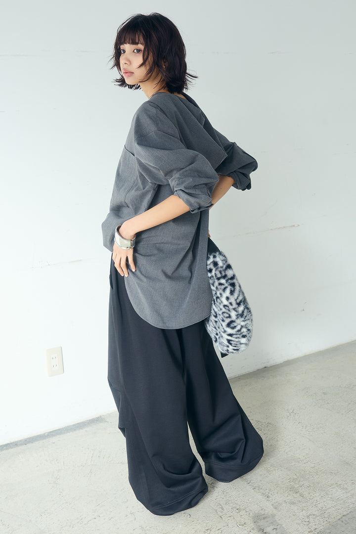 [SET]無地タイ付フーディーBIGシャツ+ランダムタックデザインワイドパンツ(2set)