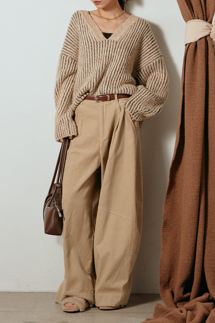 [SET]アルパカタッチ深Vニットトップス+タック入りコーデュロイワイドパンツ(2set)