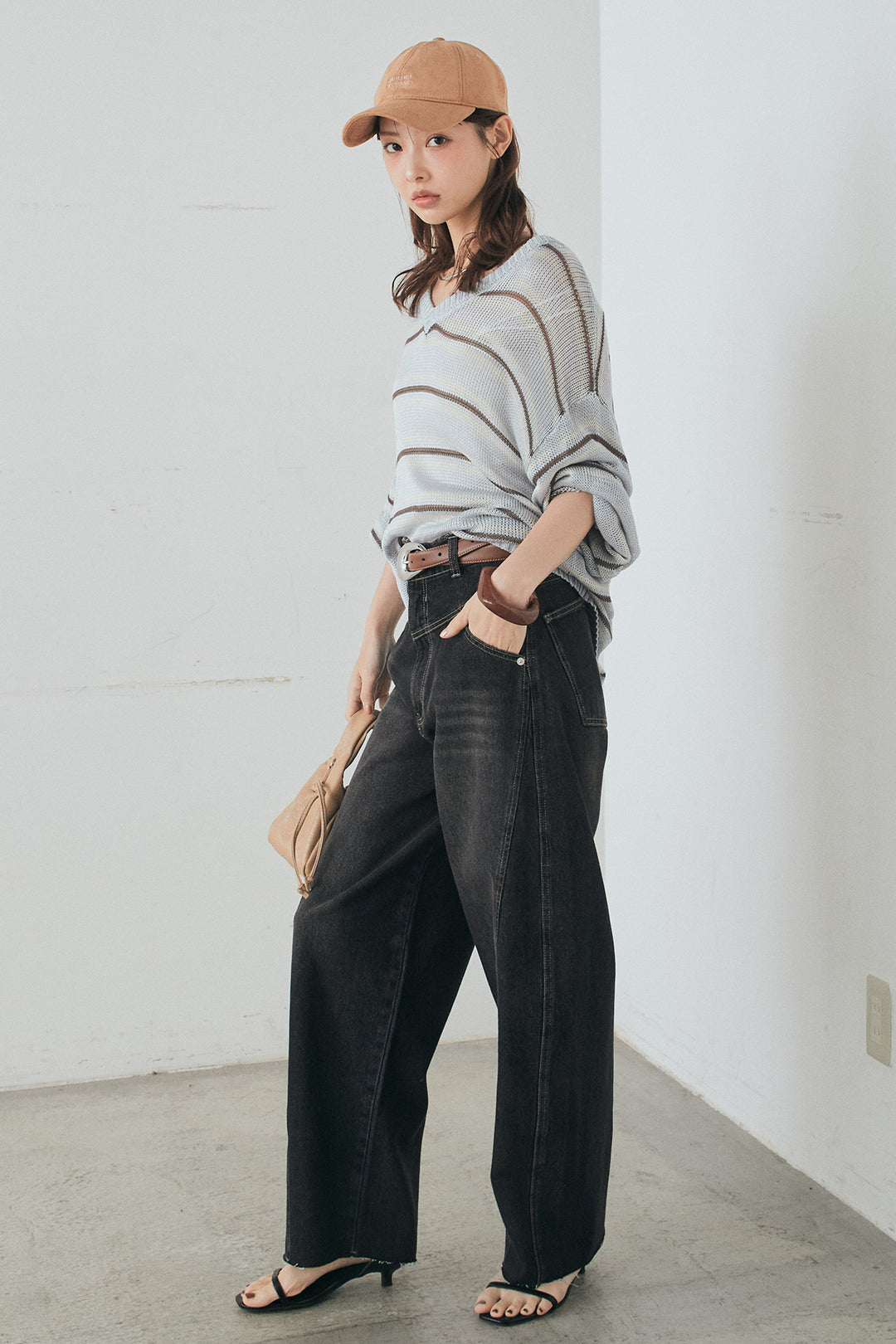 [SET]綿タッチVネックボーダートップス+デニムヨークパンツ(2set)