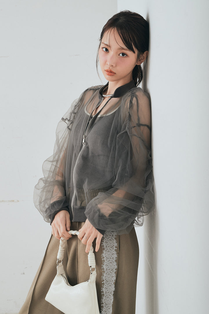 [SET]エアリーチュールスリーブシアーブルゾン+Wフェイスカットソーサイドレースラインパンツ(2set)