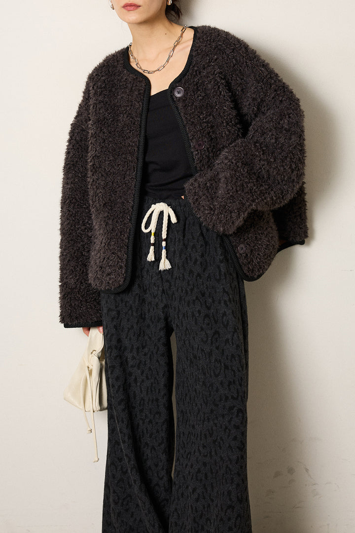 [SET]ノーカラー裏地レオパードボアアウター+レオパードジャガードニットパンツ(2set)