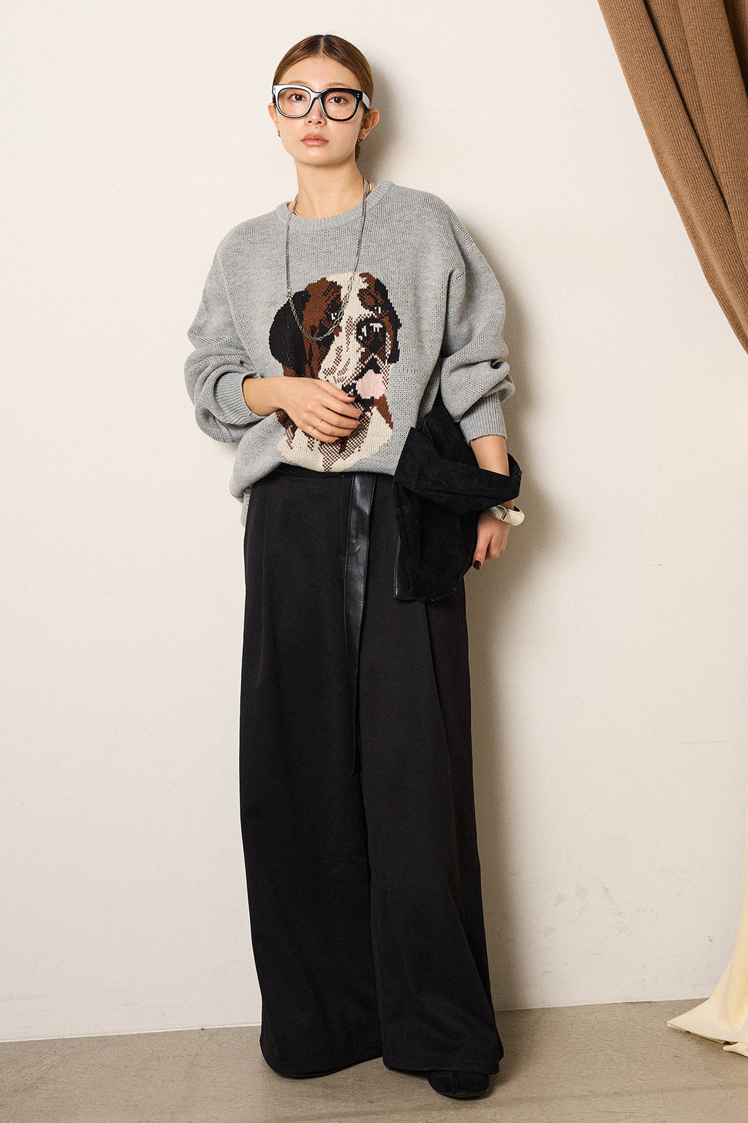 [SET]アニマルジャガード柄ニットトップス+巻ベルトウエストレザーライクワイドパンツ(2set)