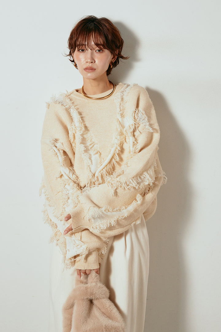 [SET]シャギージャガードニットトップス+太ベルト付きコーデュロイタックパンツ(2set)