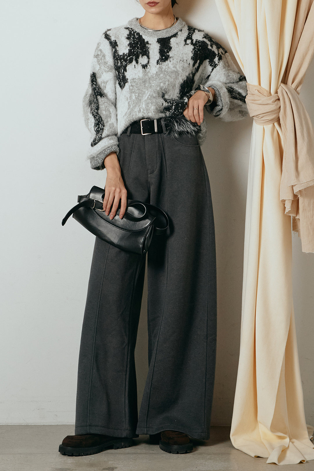 [SET]起毛ニュアンス柄ニットプルオーバー+ファーベルト付きワイドパンツ(2set)