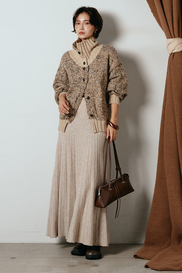 [SET]ハイネックミックスニットカーディガン+編み地切り替えフレアニットスカート(2set)