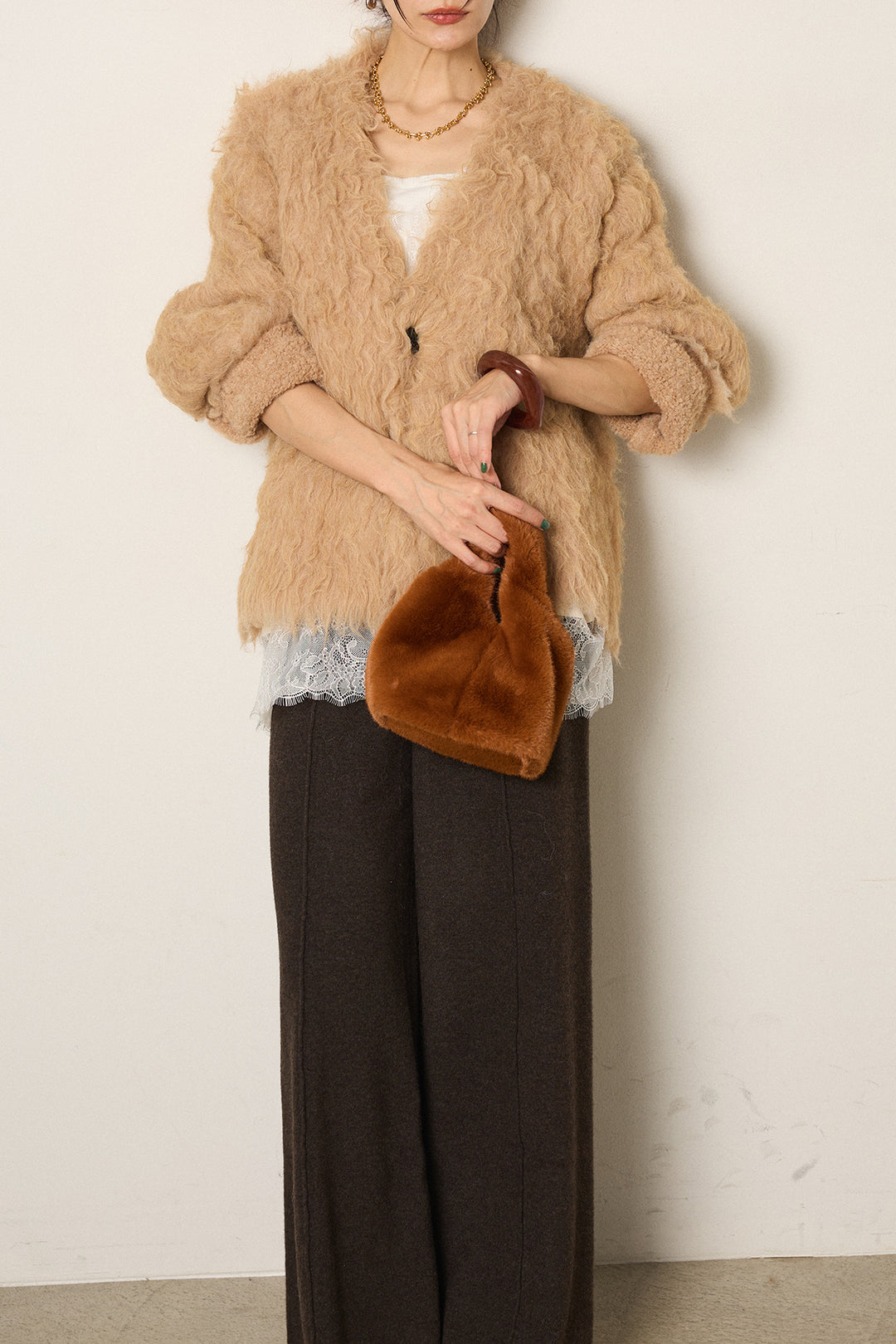 [SET]起毛シャギーニットカーディガン+センターラインニットパンツ+レース切り替えキャミソール(3set)