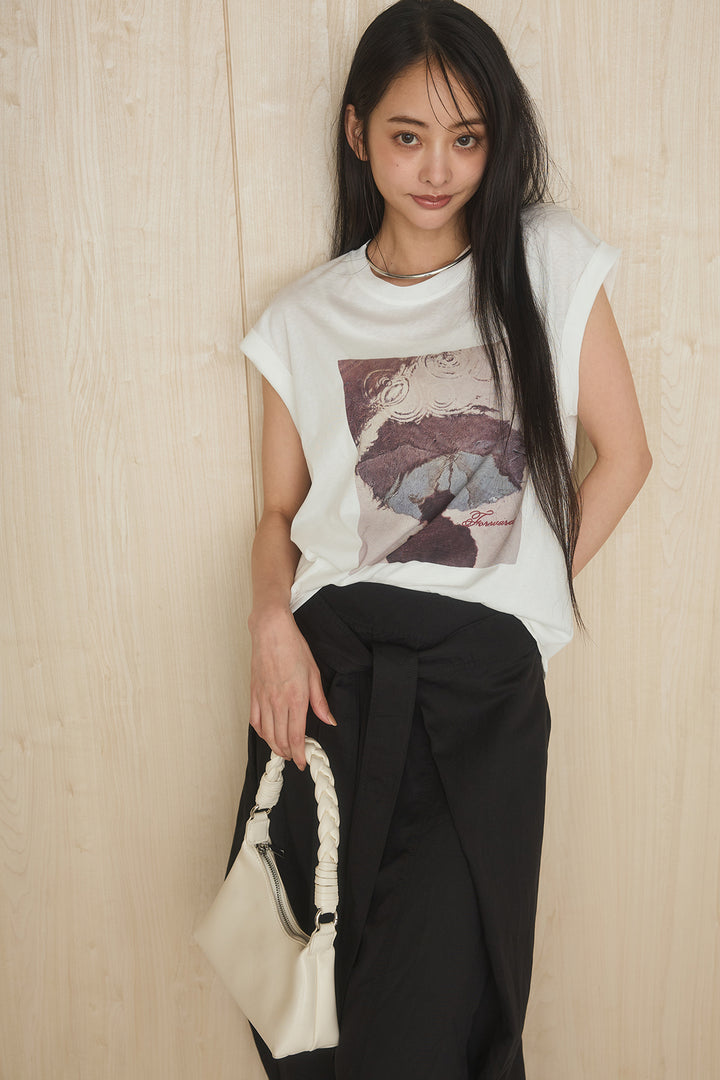 [SET]スクエアニュアンス柄Tシャツ+前結びタックワイドパンツ(2set)