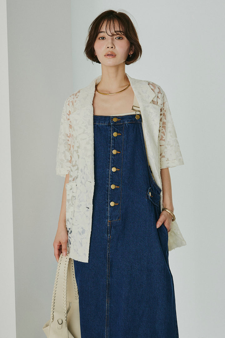 [SET]シアージャガードハーフスリーブテーラードジャケット+配色ショルダーデニムサロペットスカート(2set)