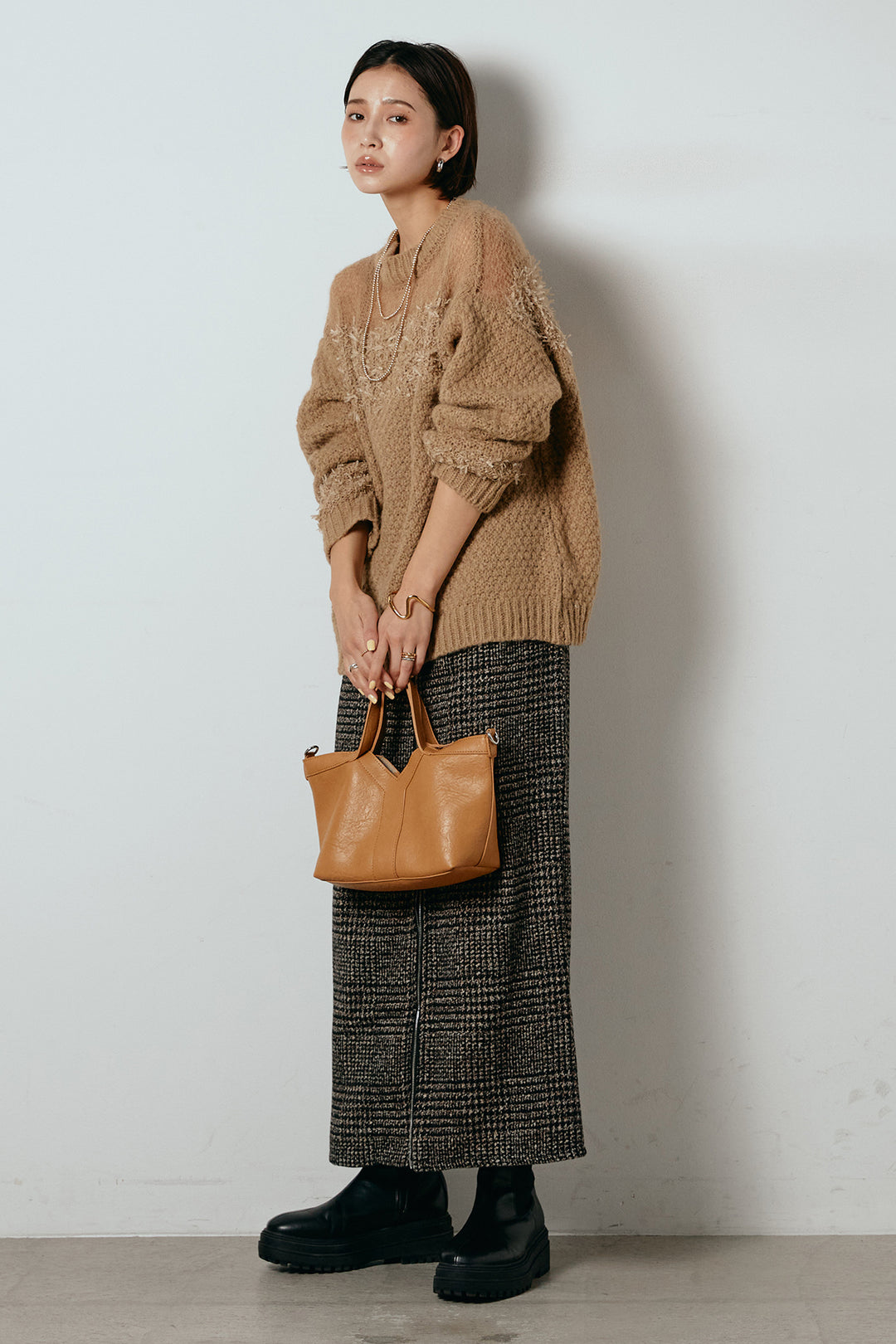 [SET]パターンランダム編みニットトップス+グレンチェック柄フロントジップタイトスカート(2set)