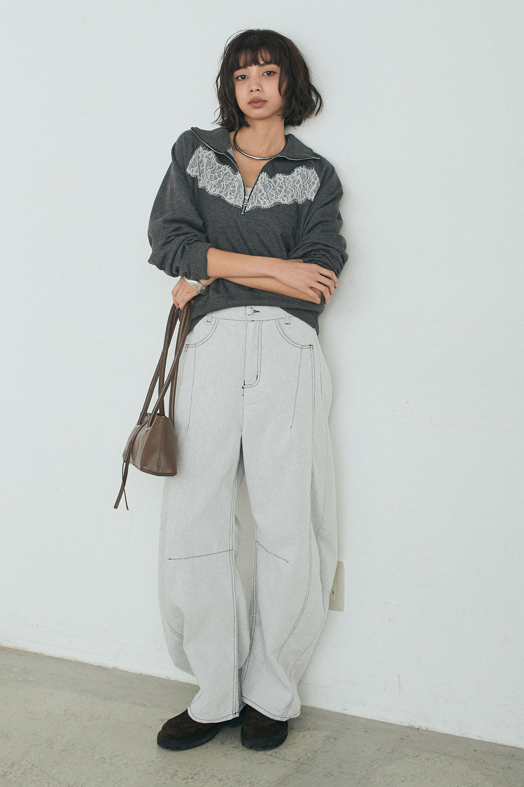 [SET]リバーレースハーフジップ裏毛スウェット+ツイル配色ステッチバレルパンツ(2set)