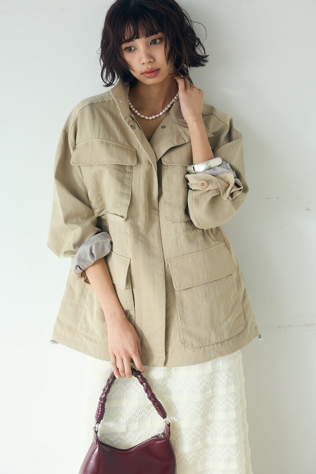 [SET]ナイロンツイルフィールドジャケット+ジャガードカットソータイトスカート(2set)