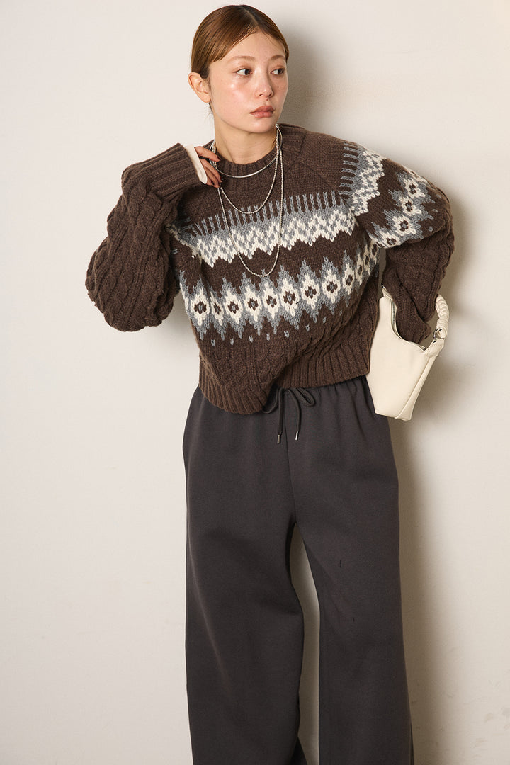 [SET]2WAY求心柄ジャガードショートカーディガン+裏起毛スウェットワイドパンツ(2set)