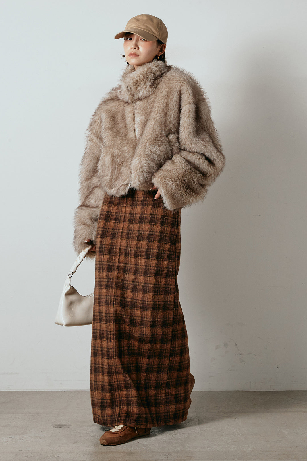 [SET]エコファーショート丈ブルゾン+シャギーチェックストレートスカート(2set)