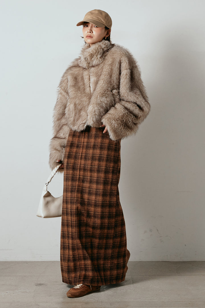 [SET]エコファーショート丈ブルゾン+シャギーチェックストレートスカート(2set)