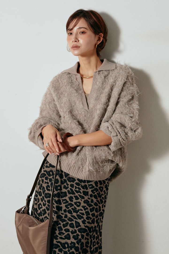 [SET]襟付きシャギーニットポロトップス+レオパードロングスカート(2set)
