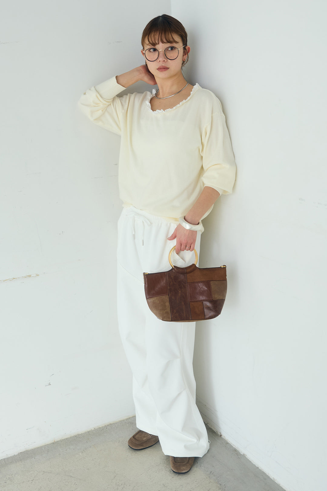 [SET]クールクール異素材コンビオフショルプルオーバー+ランダムタックデザインワイドパンツ(2set)