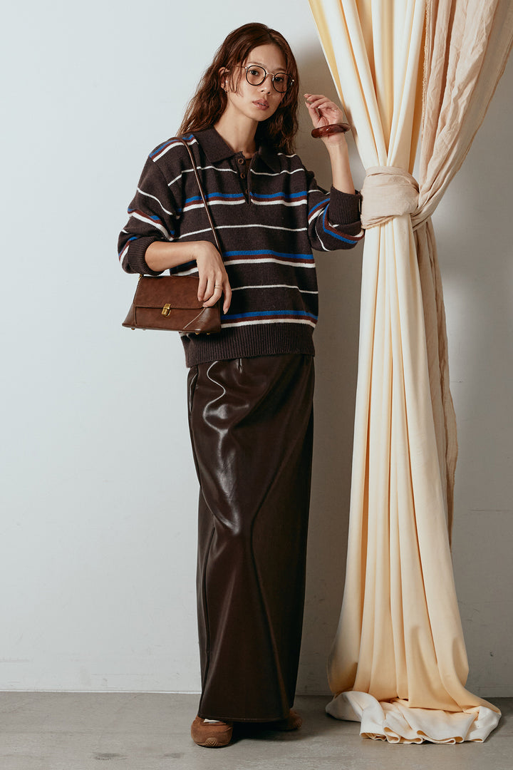 [SET]襟付きマルチボーダーニットポロトップス+紐付きフェイクレザーワイドスカート(2set)