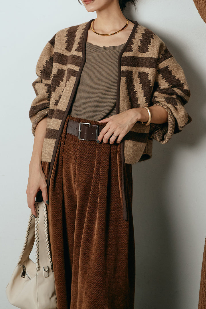 [SET]ノーカラー幾何学模様アウター+ベルトループコーデュロイワイドパンツ(2set)