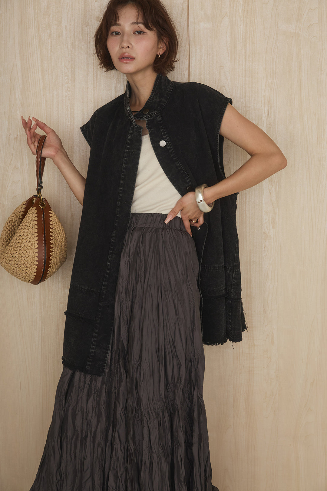 [SET]ケミカルデニムヘムカットオフジレ+イレギュラープリーツイージースカート(2set)