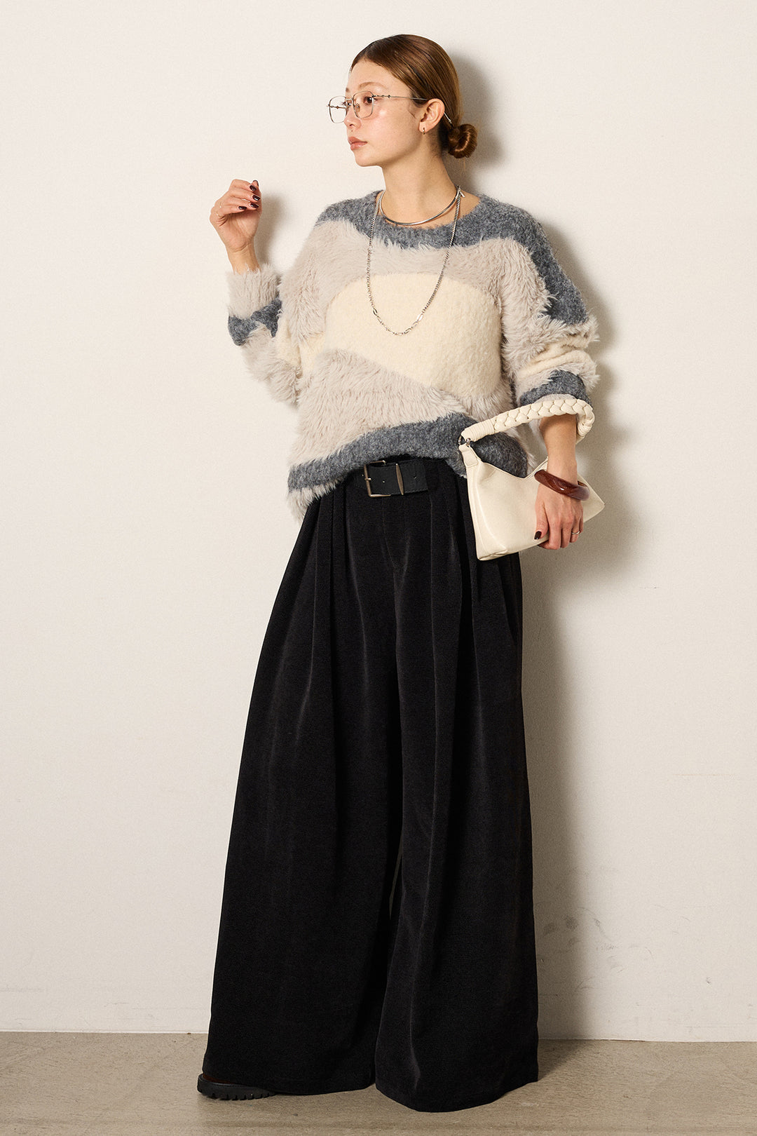 [SET]シャギーウェーブ柄クルーネックニットトップス+ベルトループコーデュロイワイドパンツ(2set)