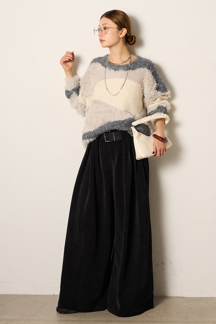 [SET]シャギーウェーブ柄クルーネックニットトップス+ベルトループコーデュロイワイドパンツ(2set)