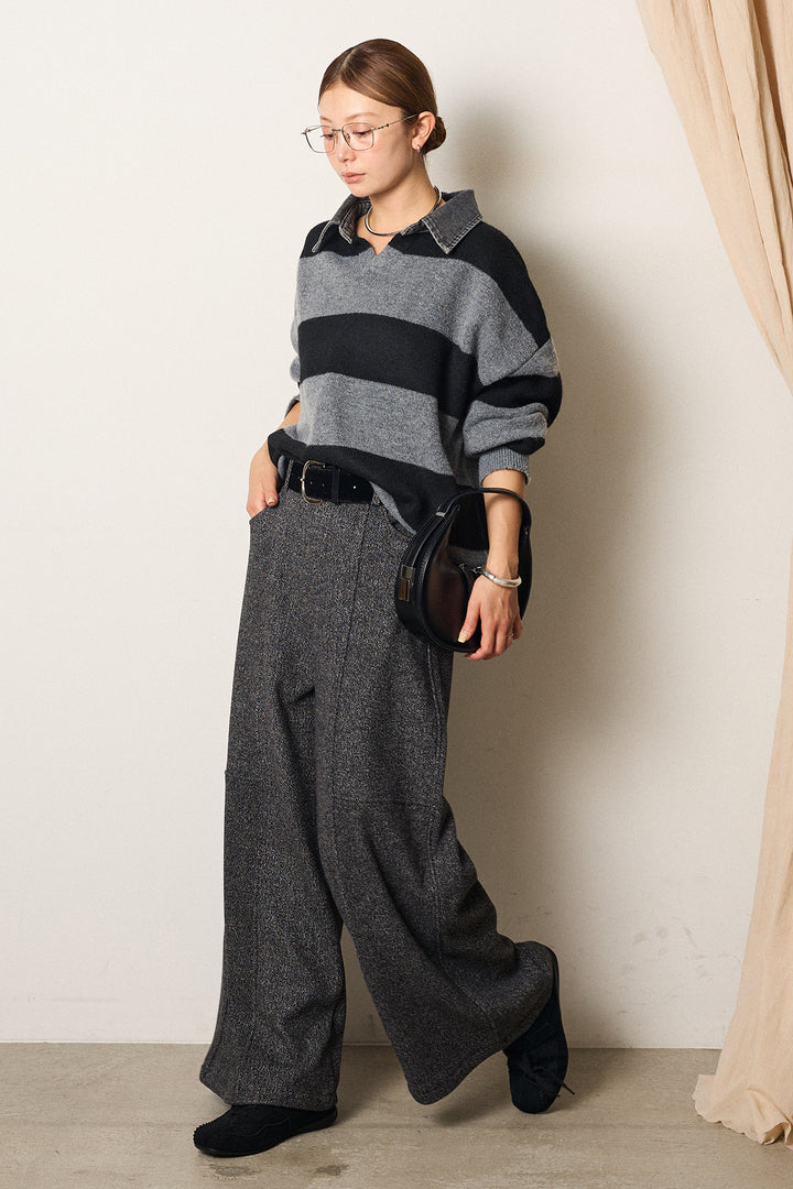 [SET]デニムカラーボーダールーズニット+太ベルト付きツイードワイドパンツ(2set)