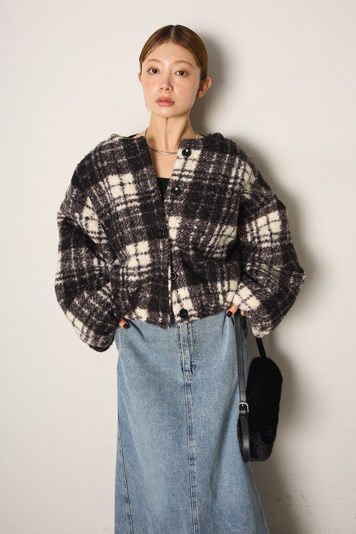 [SET]ノーカラーチェック柄ボアブルゾン+デニムロングフレアスカート(2set)