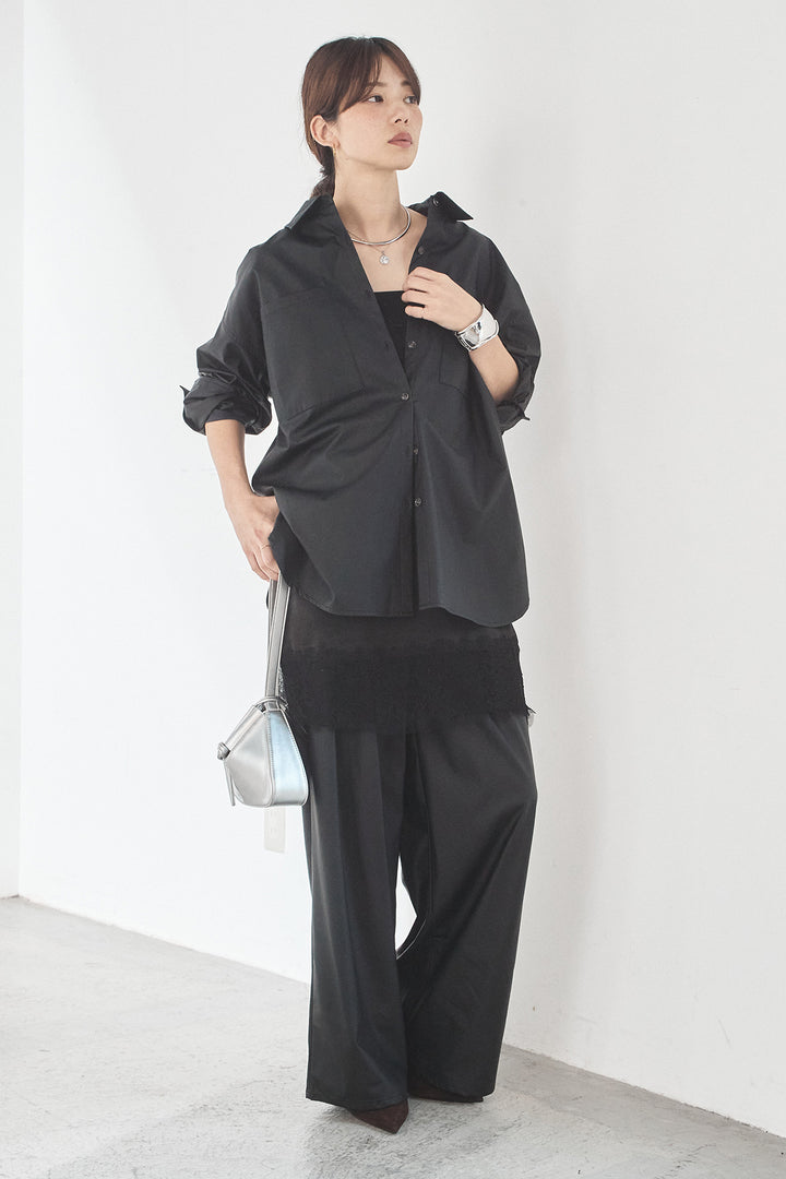 [SET]ウォッシャブルエコレザービックカフスシャツ+ウォッシャブルエコレザータックパンツ(2set)