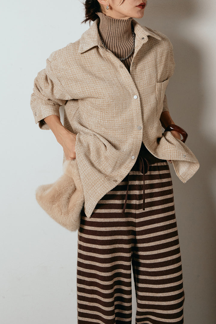 [SET]ルーズクラッシュツイルシャツ+リブニットシームレスタートルプルオーバー+ボーダーリラックスニットパンツ(3set)