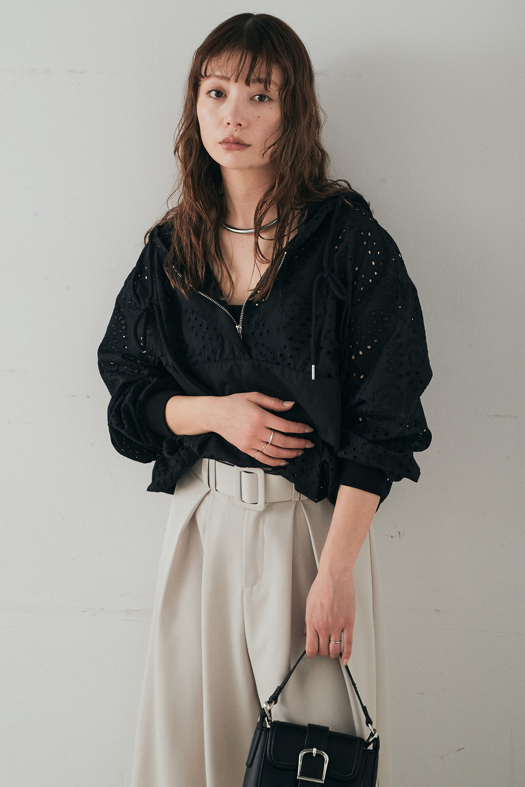 [SET]レースハーフジップアップフーディー+ベルト付きツータックワイドパンツ(2set)