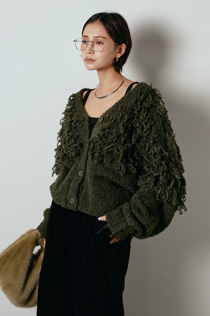 [SET]ループ編みVネックニットカーディガン+ベロアサスペンダー付きパンツ(2set)