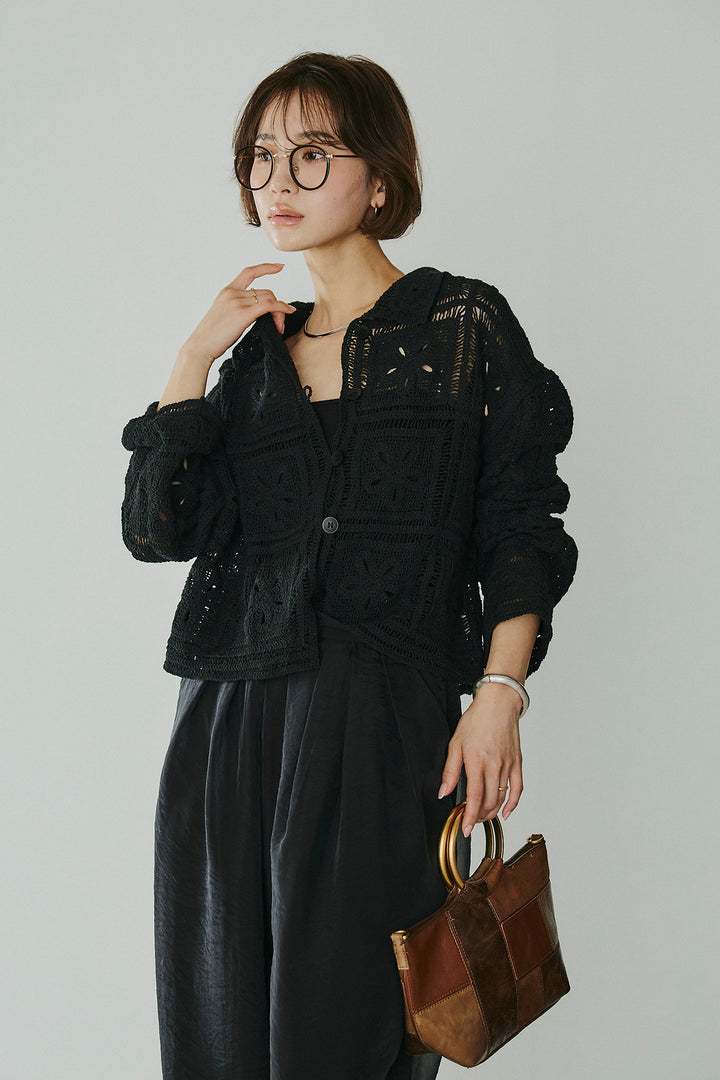 [SET]鍵編みフラワーレースカーディガン+オーガンジータックパンツ(2set)
