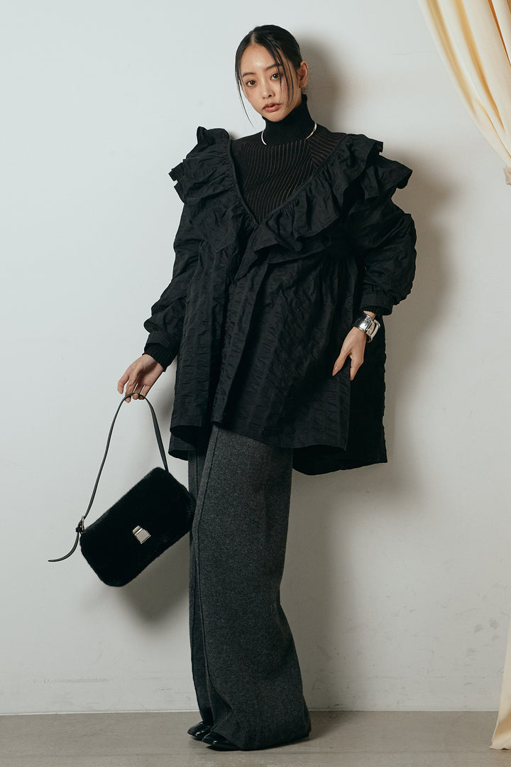 [SET]Vネックフリルカラーブラウス+センターラインニットパンツ(2set)