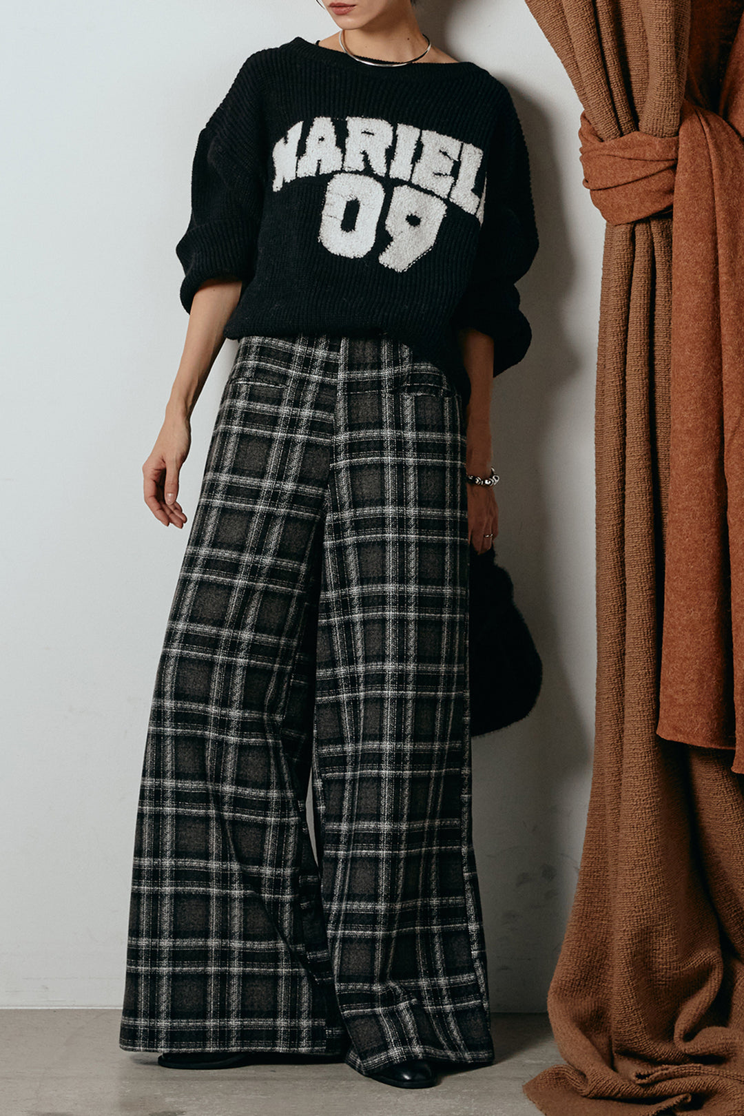 [SET]ロゴジャガードニットトップス+ルーズタータンチェックワイドパンツ(2set)