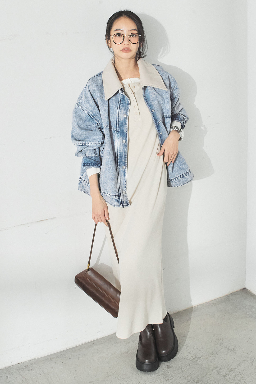 [SET]加工デニムレザー襟付きデニムブルゾン+カットリブレイヤードヘンリーネックワンピース(2set)