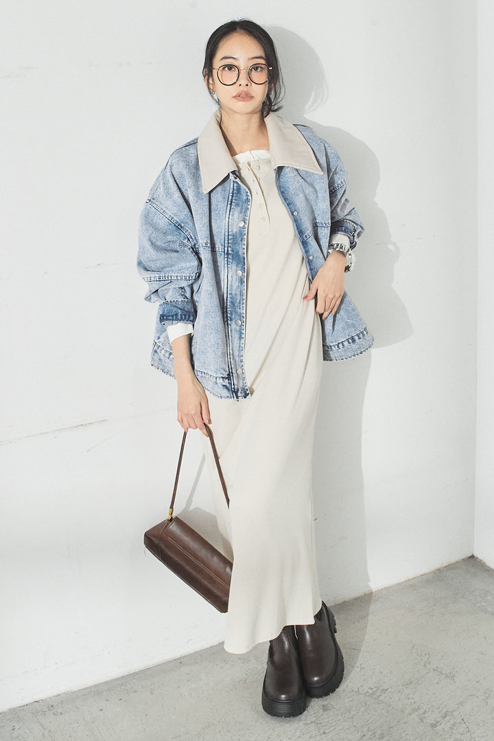 [SET]加工デニムレザー襟付きデニムブルゾン+カットリブレイヤードヘンリーネックワンピース(2set)